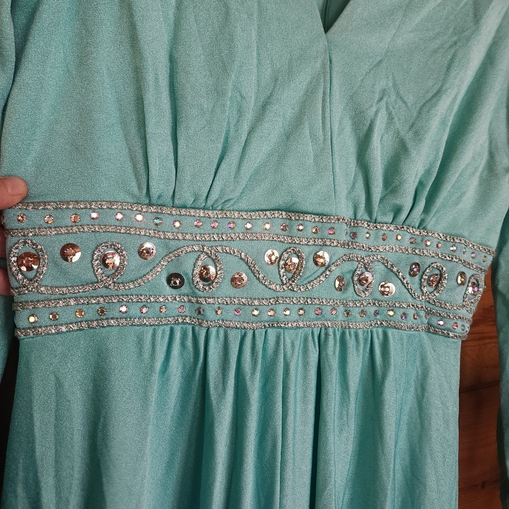 ILGWU Vintage 70s Maxi Dress Empire Waist Praire Retro Sequin Embellish Sz 26/2 - Picture 3 of 13